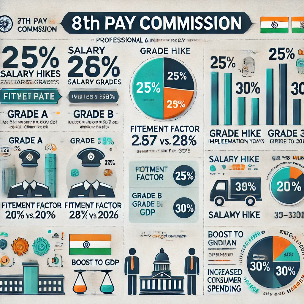 Infographic summarizing the 8th Pay Commission, featuring salary hikes across grades, a comparison between the 7th and 8th Pay Commissions, and its economic impact on GDP, employee morale, and consumer spending.