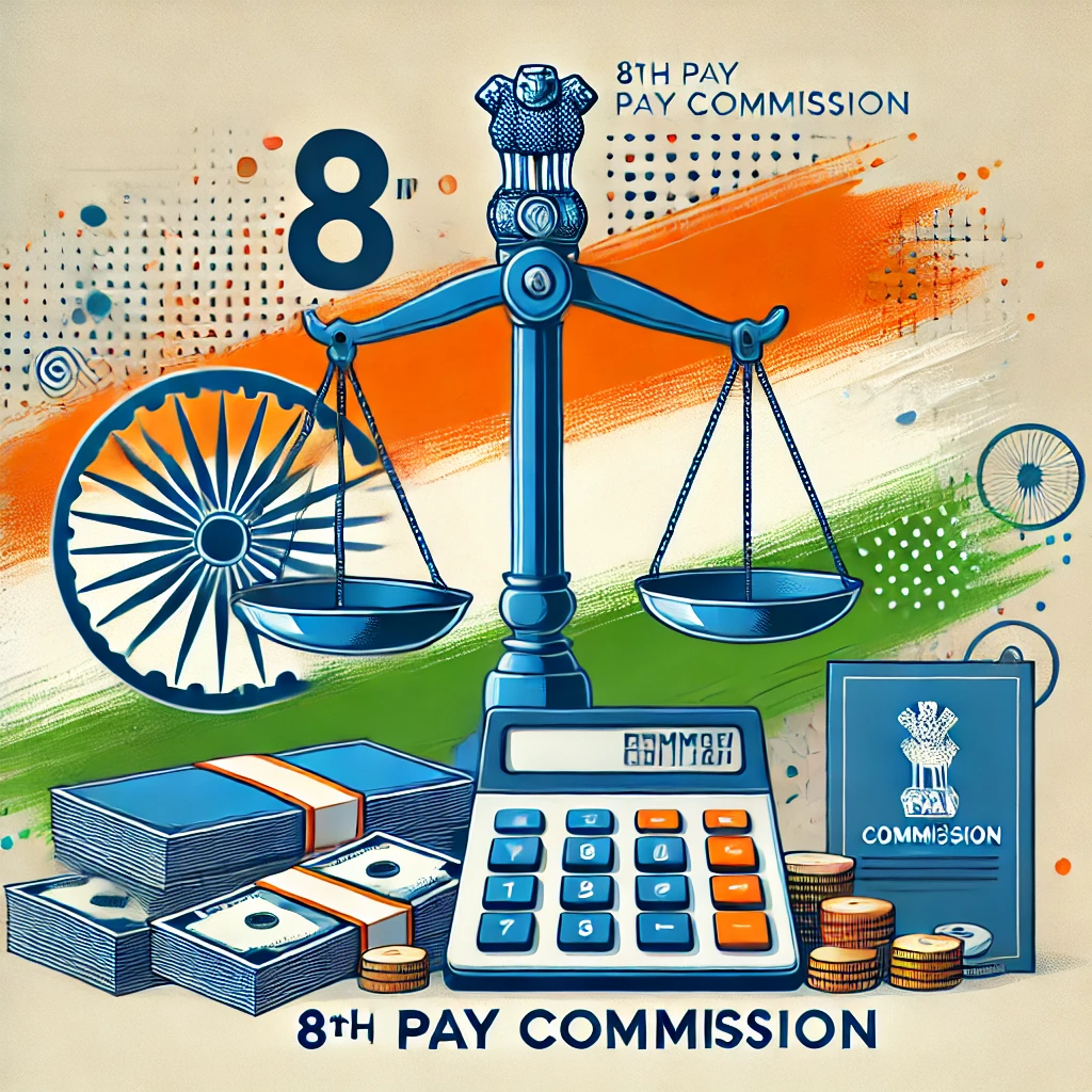 Featured image illustrating the 8th Pay Commission with a balance scale, calculator, stacks of money, and an Indian flag background.