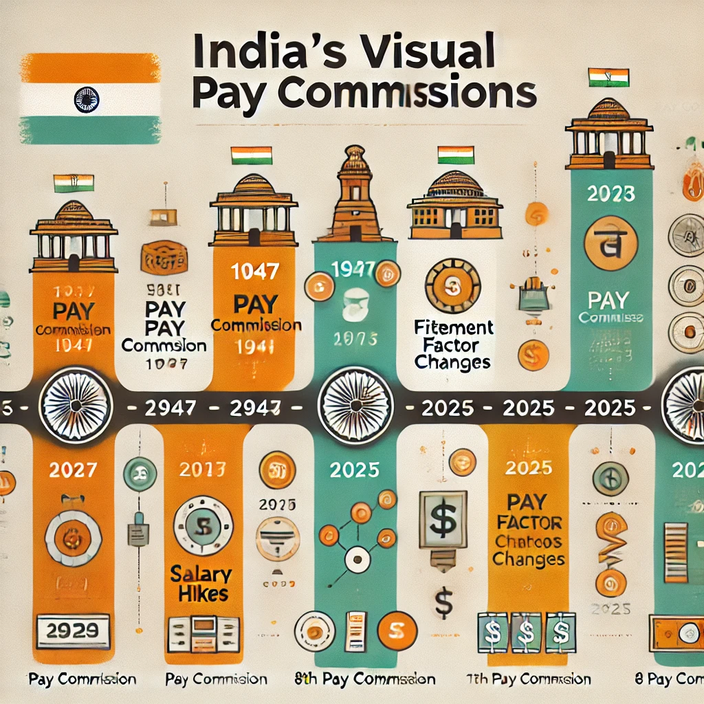 Visual timeline of India's Pay Commissions, highlighting key milestones from the 1st Pay Commission in 1947 to the 8th Pay Commission in 2025, showing salary reforms and implementation years.