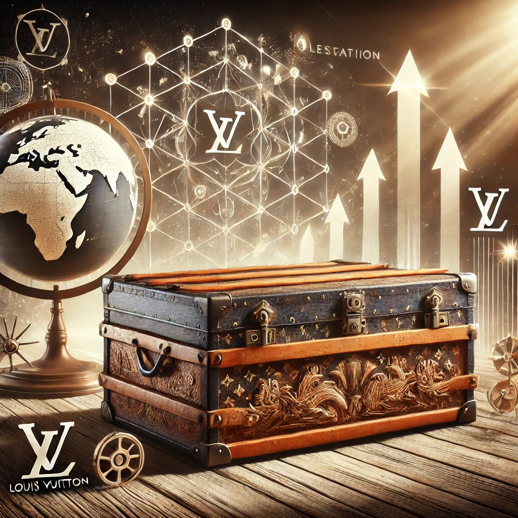 Vintage Louis Vuitton trunk surrounded by symbols of growth and transformation, such as upward arrows, a globe, and light, symbolizing the brand's historical resilience and global expansion.
