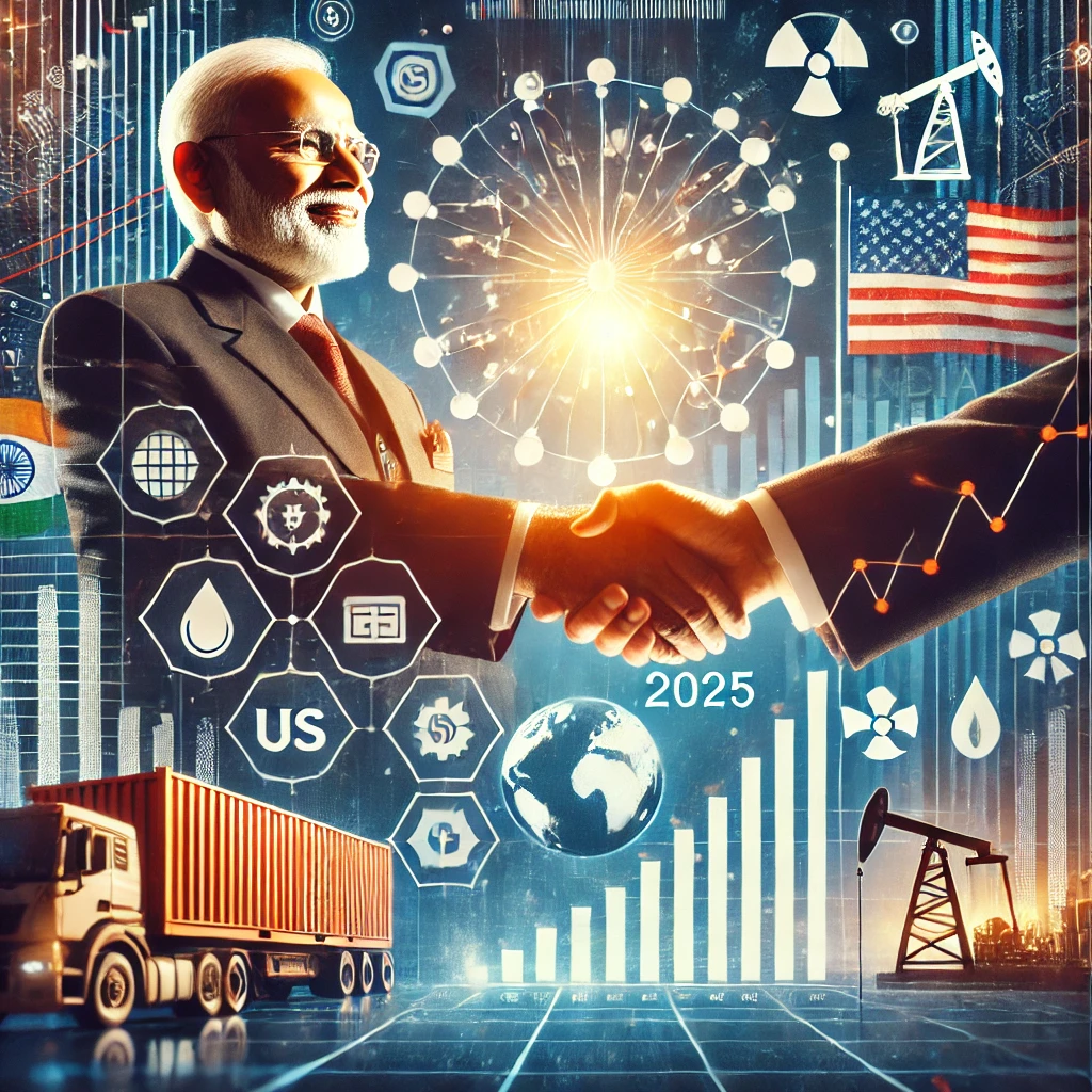 A symbolic representation of India-U.S. trade and energy deals in 2025, featuring an Indian leader shaking hands with an American leader in a formal setting. The background includes trade elements like shipping containers and financial charts, along with energy symbols such as oil rigs, solar panels, and nuclear energy, highlighting economic growth and strategic cooperation.