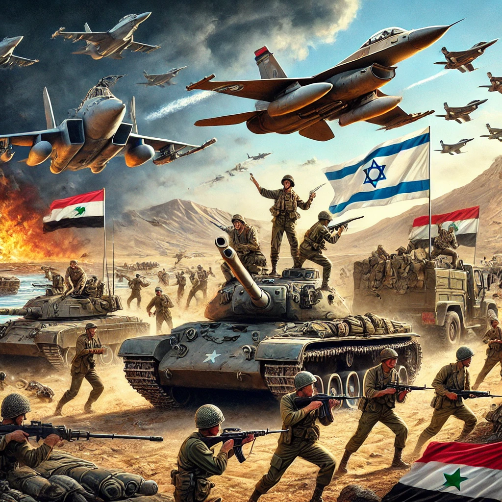 A dramatic depiction of the Yom Kippur War (1973), featuring Egyptian and Syrian forces attacking Israeli positions, Israeli tanks counterattacking, aerial dogfights, and military leaders strategizing, symbolizing the war’s geopolitical impact.